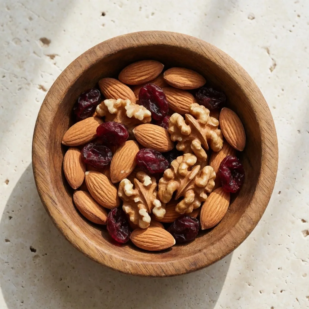 Cuenco de frutos secos con almendras, nueces y arándanos sobre piedra