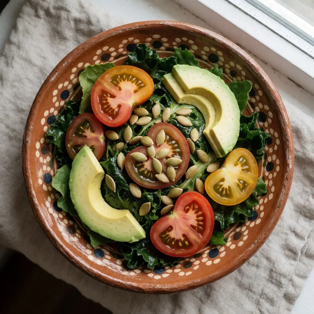 Ensalada colorida con hojas verdes, aguacate, tomate y semillas en plato de cerámica