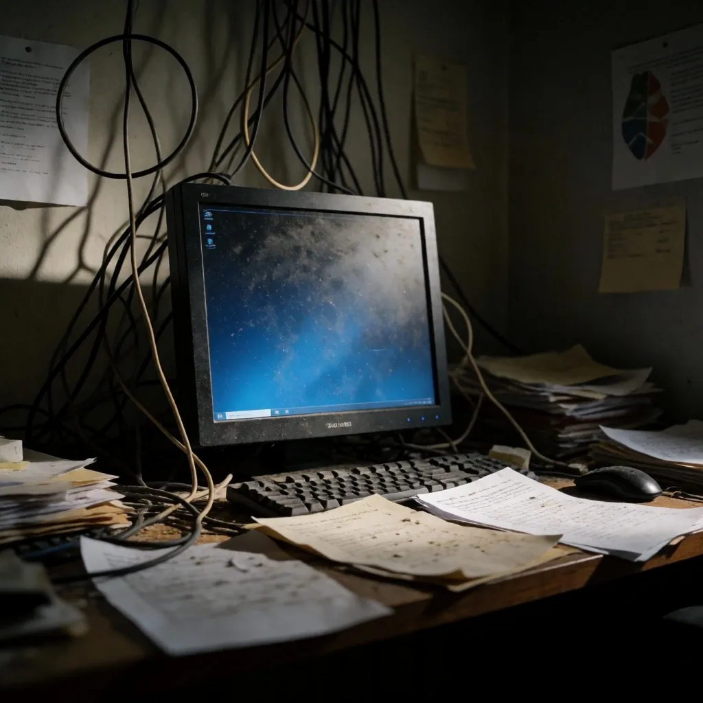 Escritorio desordenado con monitor sucio, cables enredados y mala iluminación