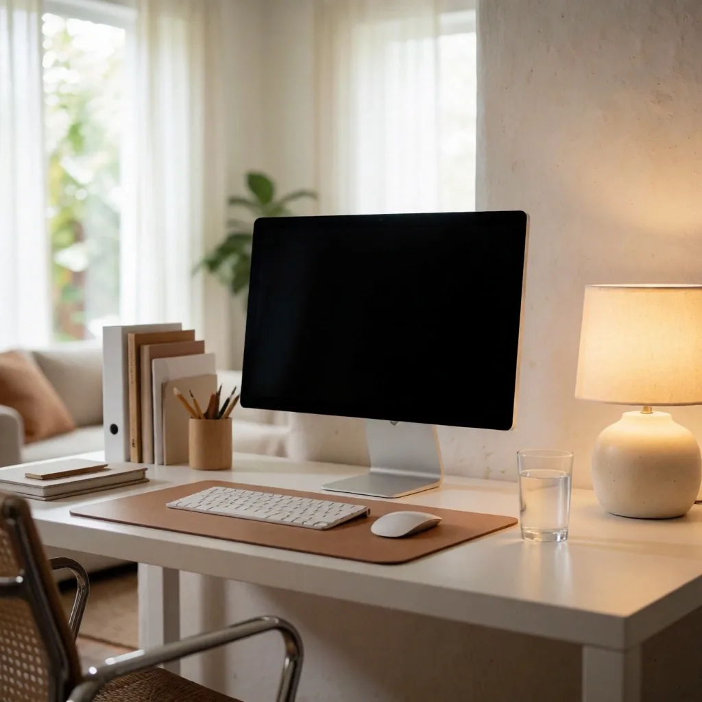 Escritorio optimizado con monitor elevado, cables organizados y luz cálida