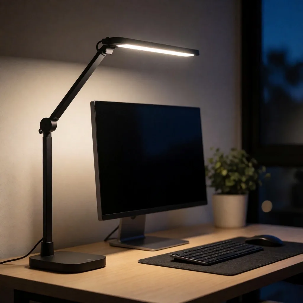 Escritorio iluminado con foco LED de tono neutro positioned para evitar reflejos