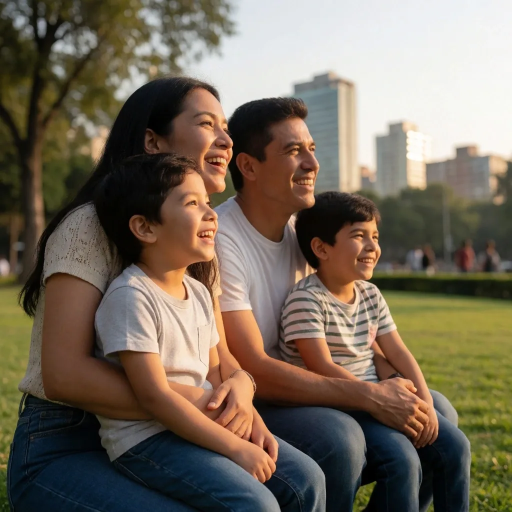 Familia jugando en un parque urbano mirando al horizonte lejano