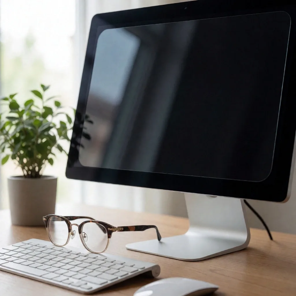 Gafas de descanso, humidificador y filtro de pantalla sobre escritorio