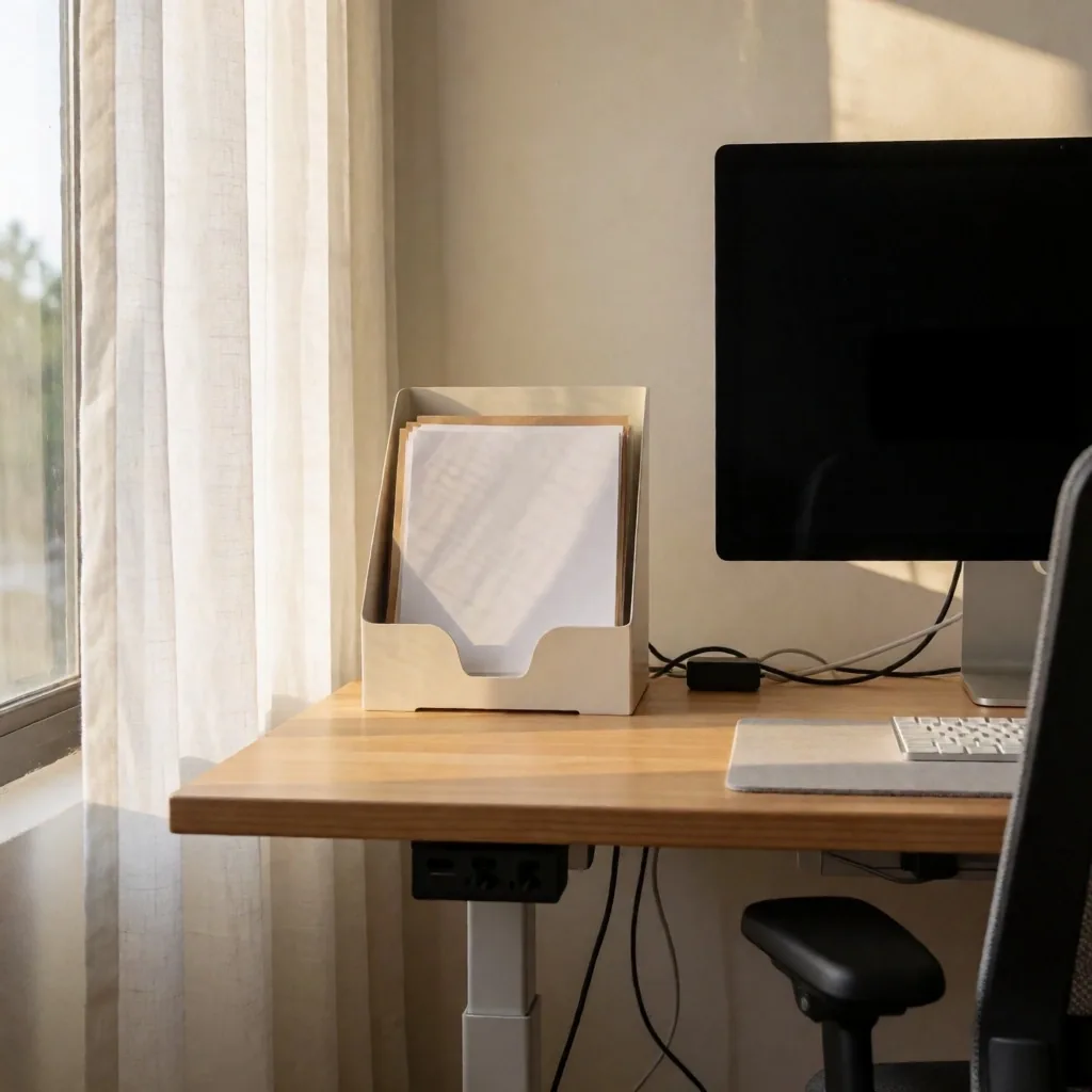 Oficina en casa con cortina translúcida y soporte para documentos