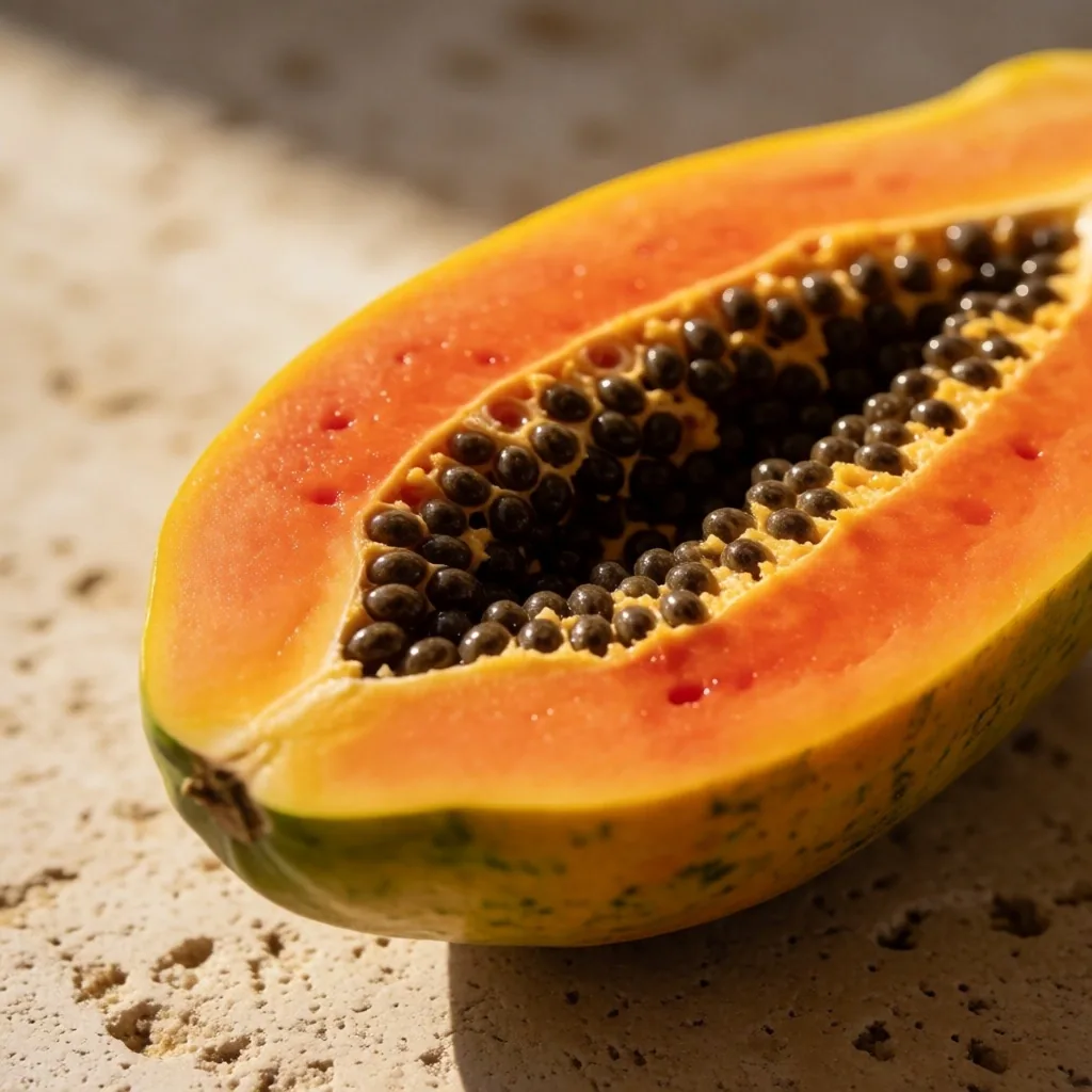Papaya cortada mostrando pulpa naranja intensa rica en betacarotenos