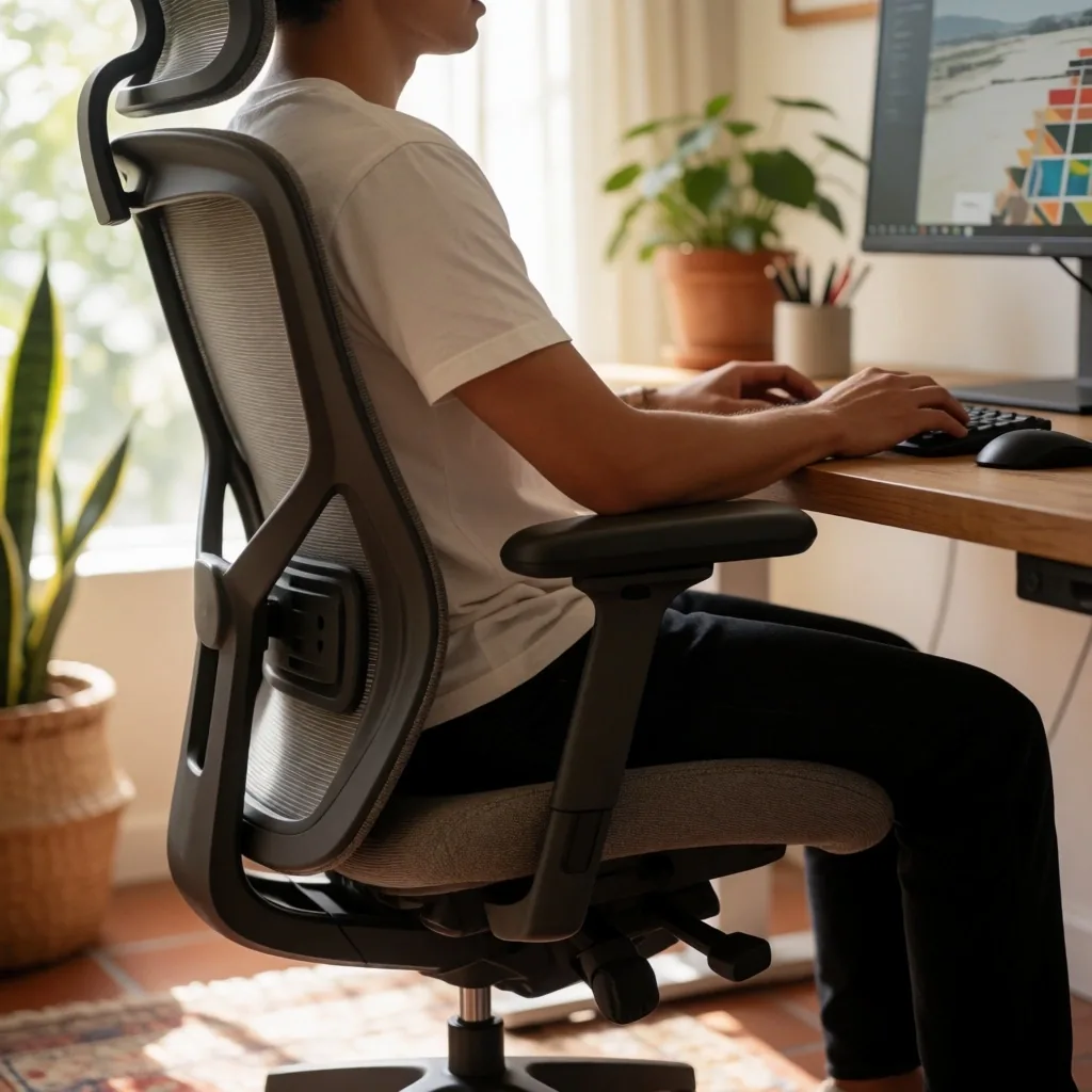 Persona con postura erguida y relajada frente a un monitor a la altura correcta
