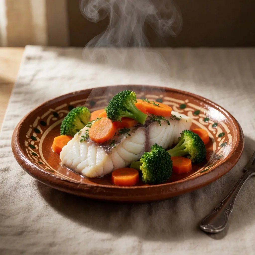 Pescado al vapor con brócoli y zanahorias en plato de barro