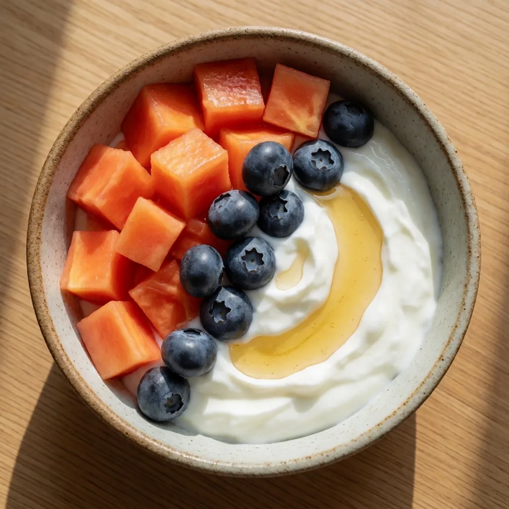 Tazón de yogur con papaya, moras y miel sobre mesa de madera