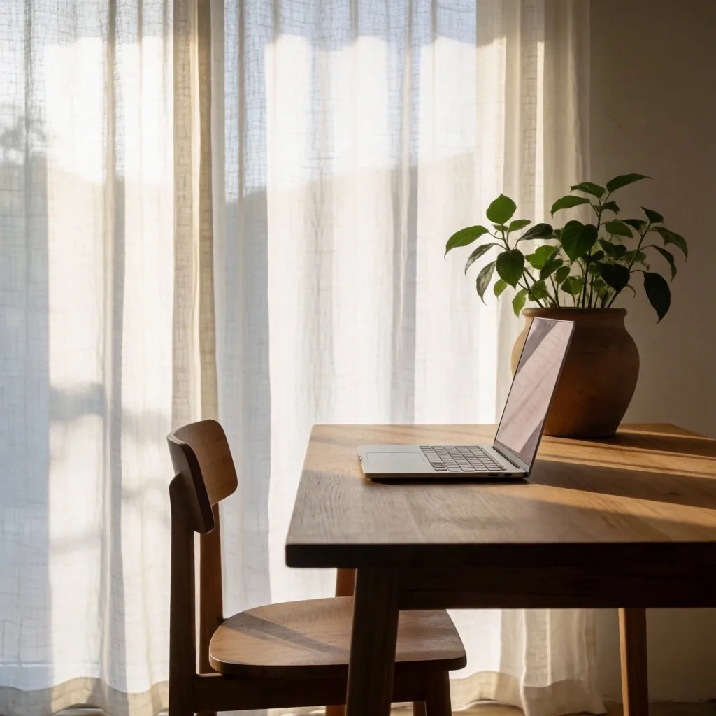 Ventana con cortina translúcida que difumina la luz solar sobre un escritorio