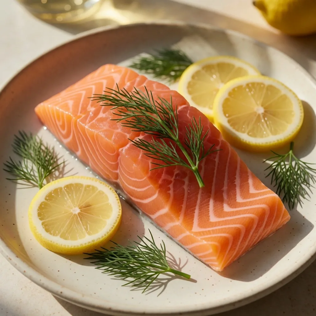 Filete de salmón fresco con limón, fuente de omega-3 DHA y EPA