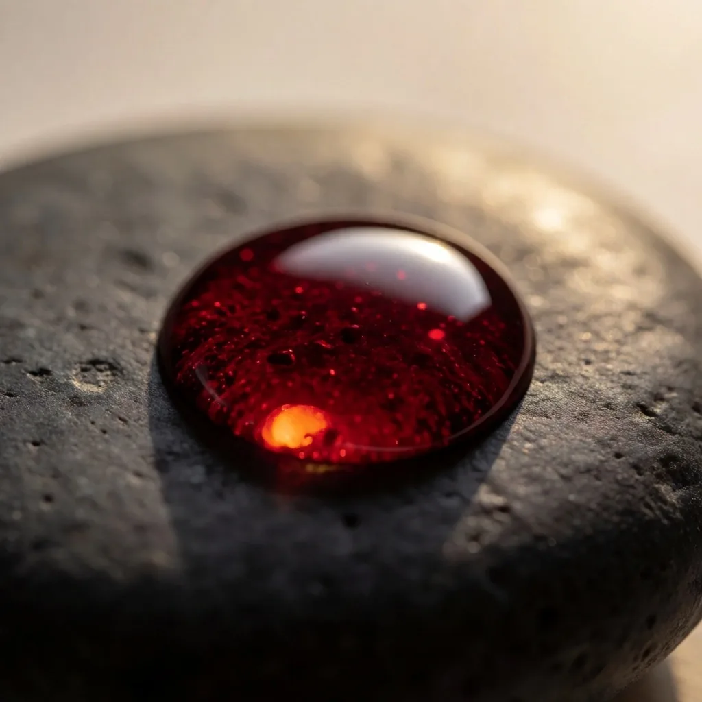 Gota de aceite rojizo sobre piedra oscura, representación de astaxantina