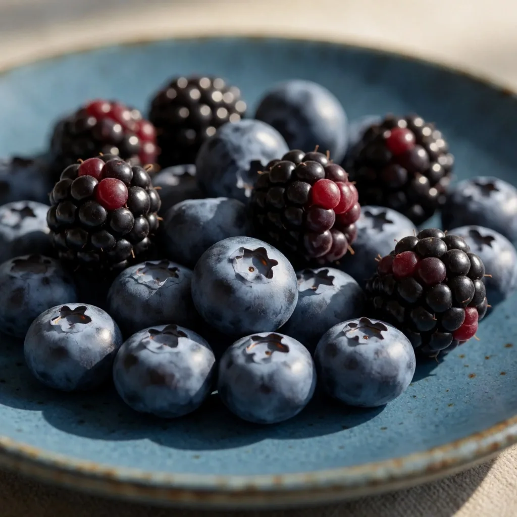 Arándanos y moras frescas sobre plato de cerámica