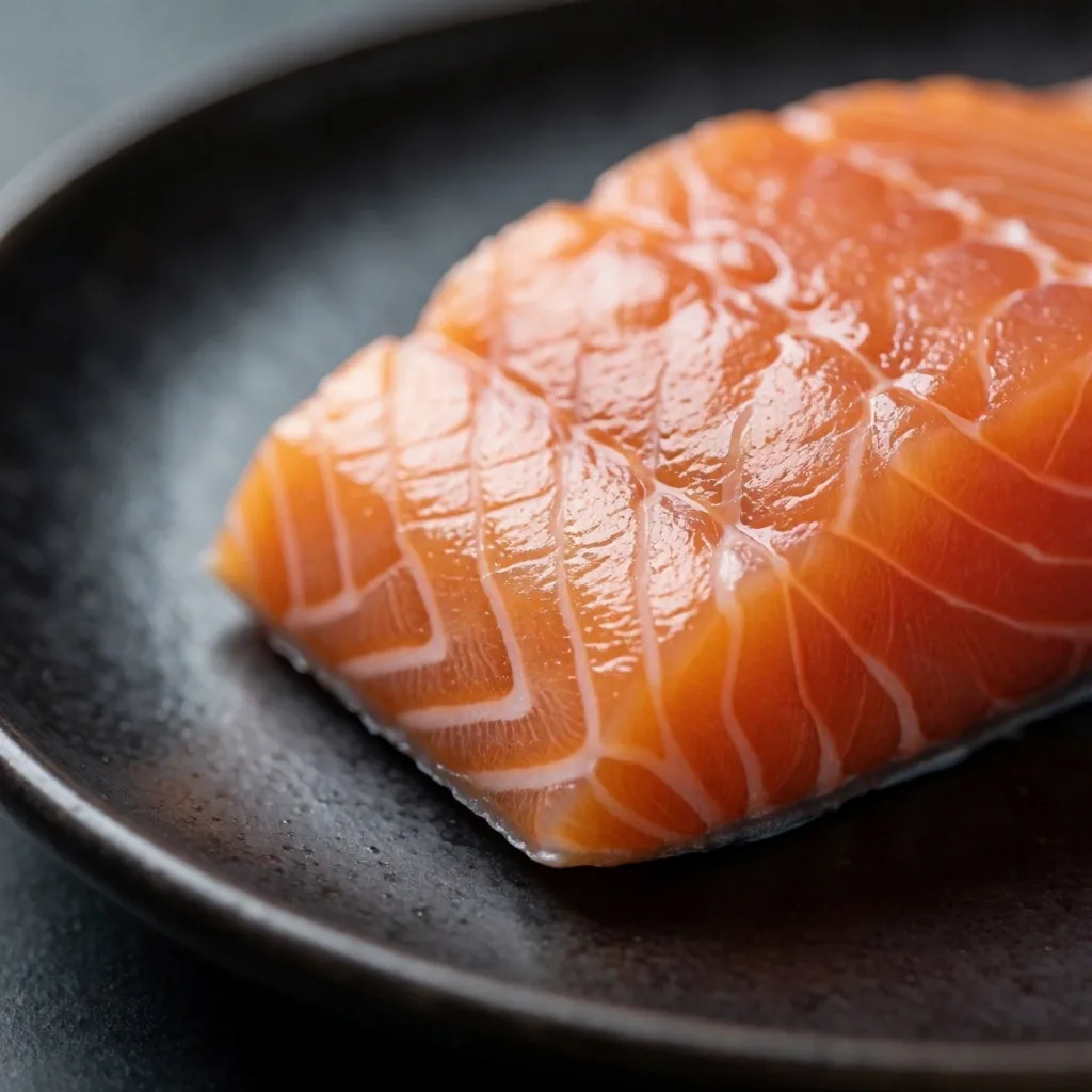 Filete de salmón fresco con textura brillante sobre cerámica mate