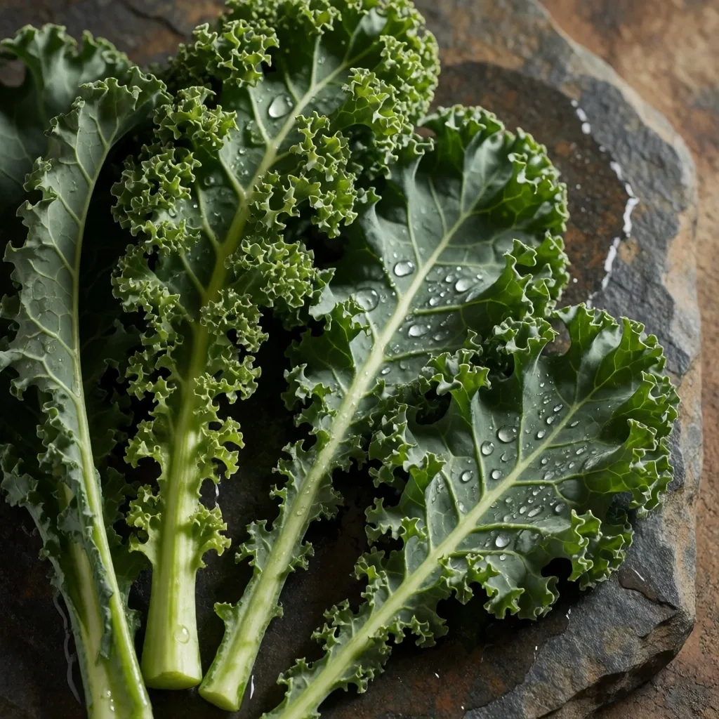 Hojas de kale fresco sobre plato de piedra con gotas de agua
