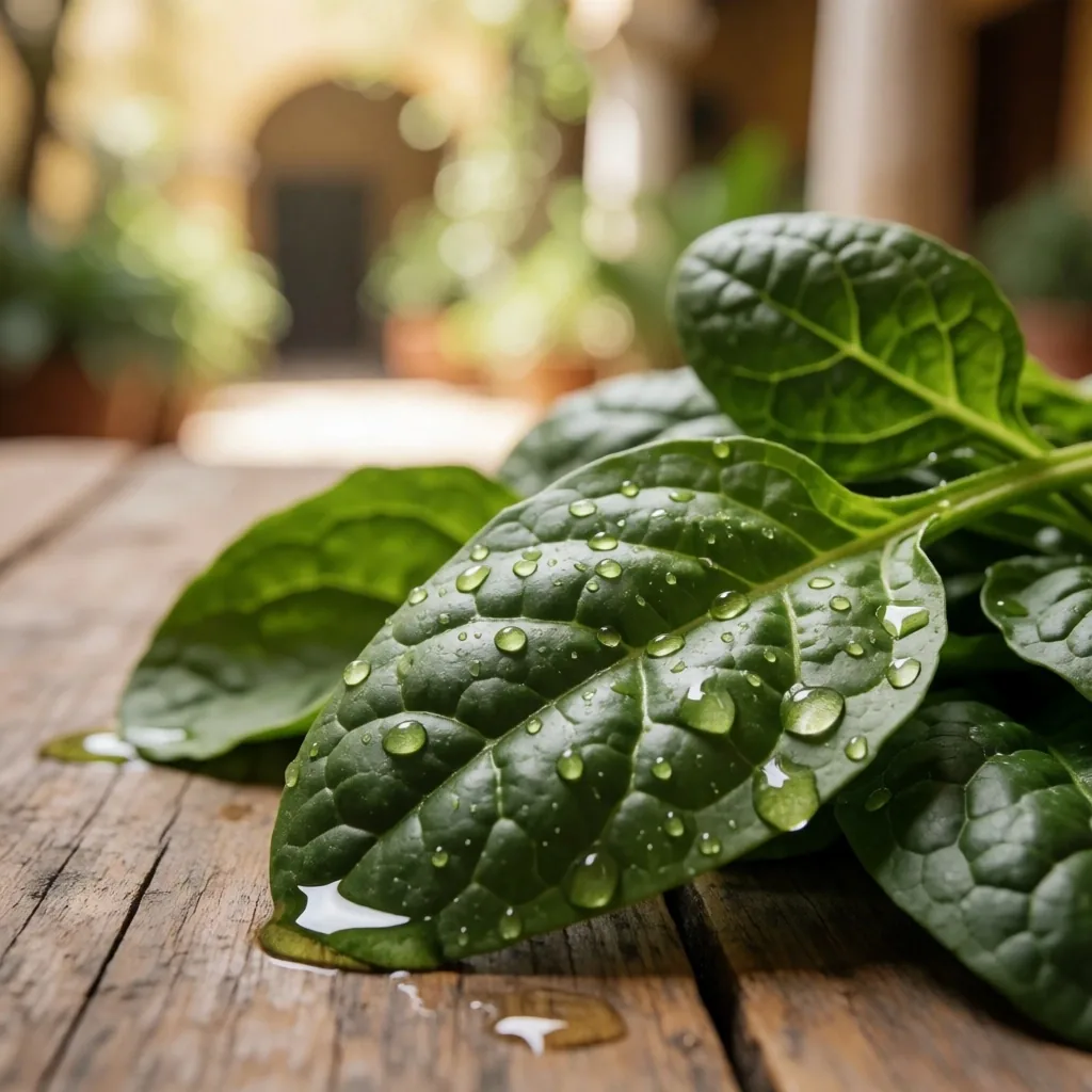 Hojas de espinaca fresca con gotas de agua bajo luz natural