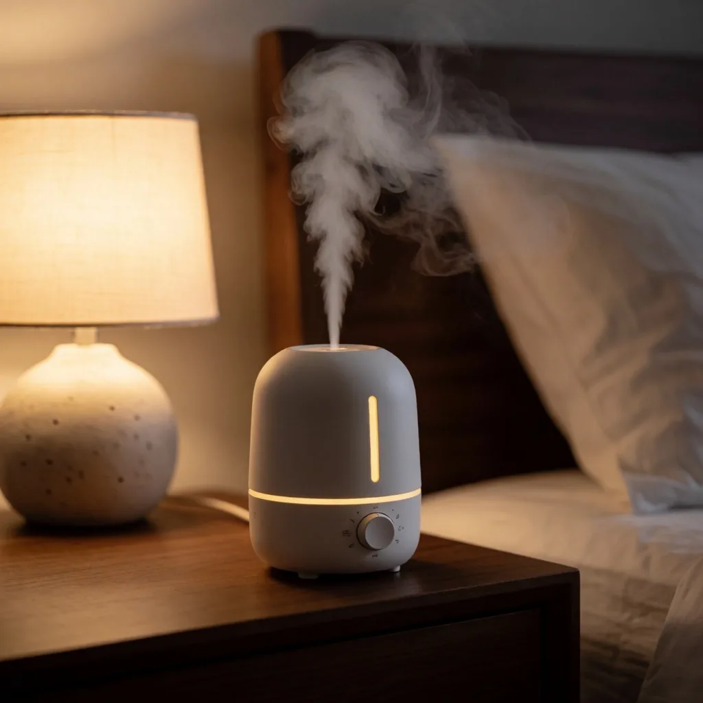 Humidificador sobre mesa de noche con luz cálida