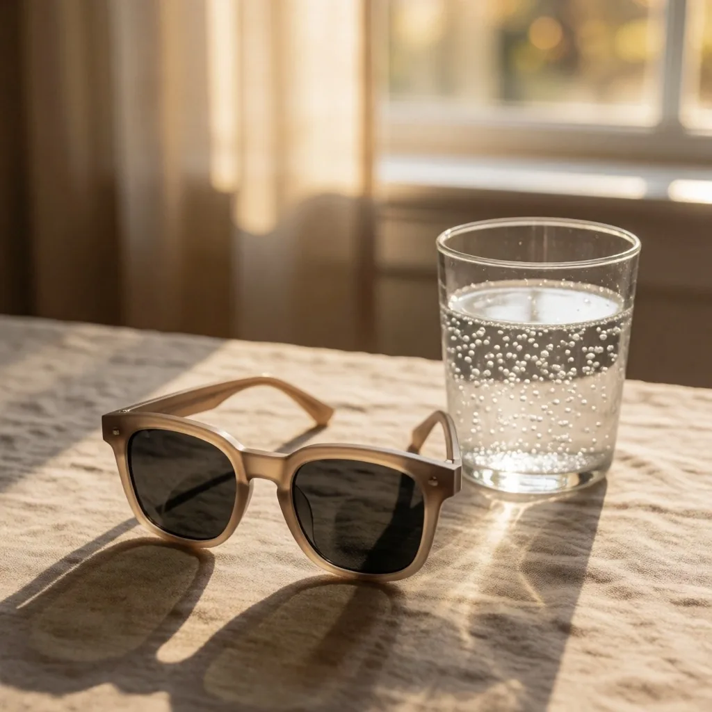 Lentes para sol sobre lino junto a un vaso de agua