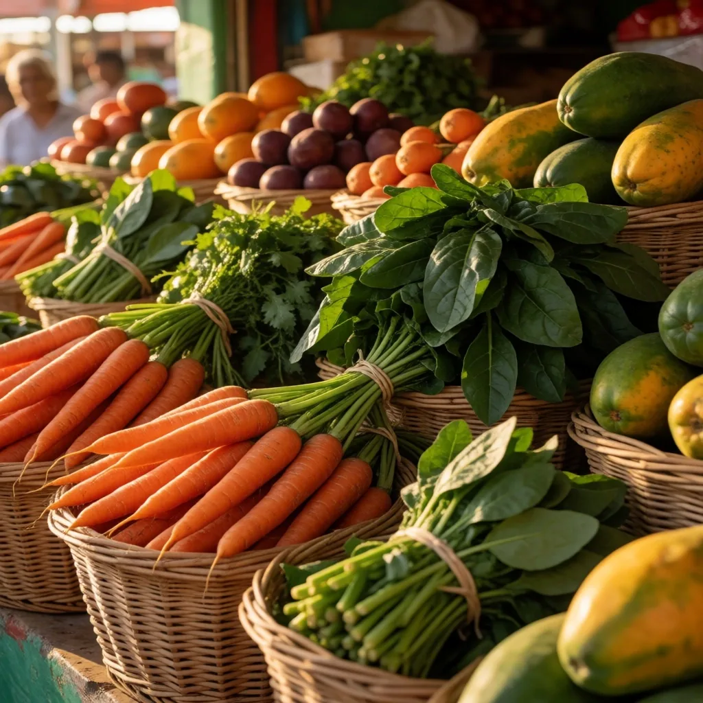 Puesto de mercado mexicano con vegetales y frutas frescas
