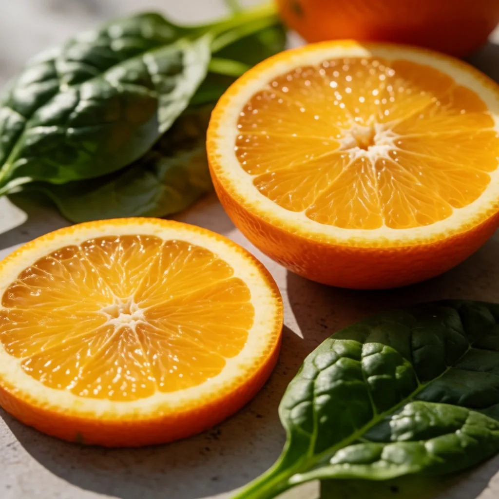 Sección de naranja sobre piedra caliza bajo luz natural