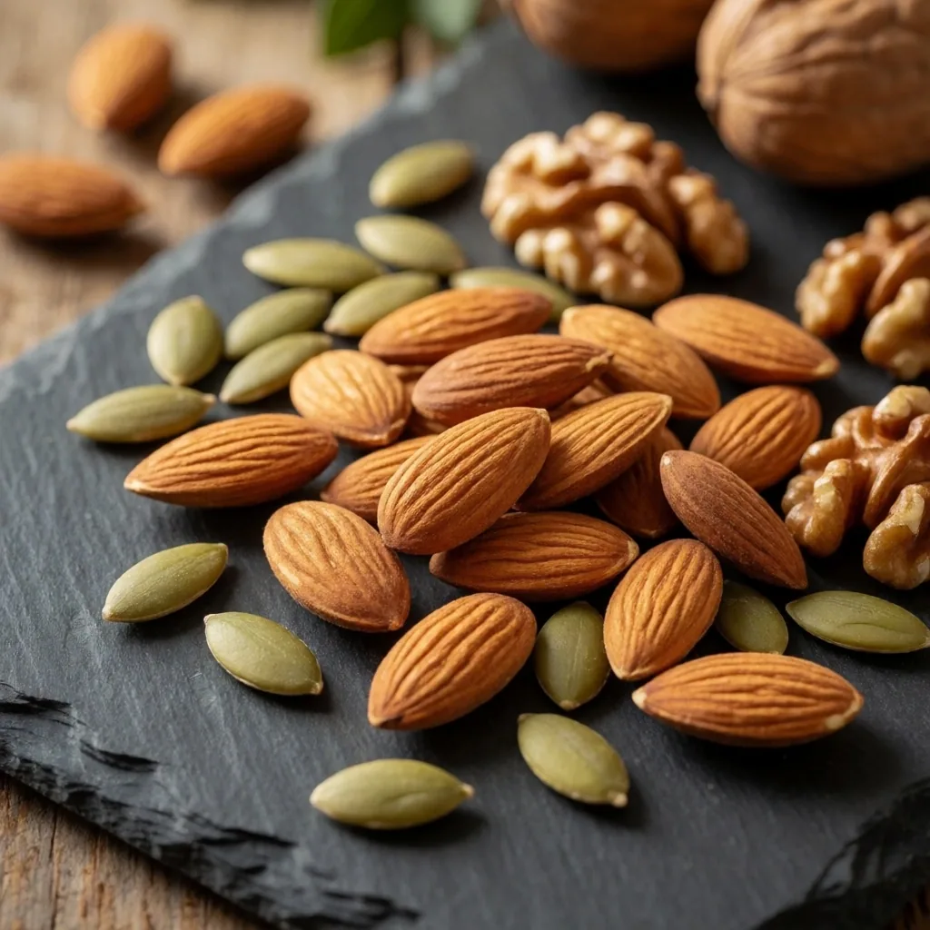 Semillas y nueces variadas sobre superficie de piedra