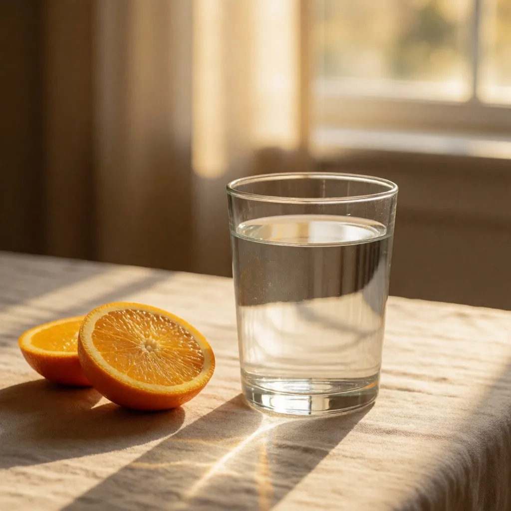Vaso de agua y rodajas de naranja sobre lino junto a una ventana