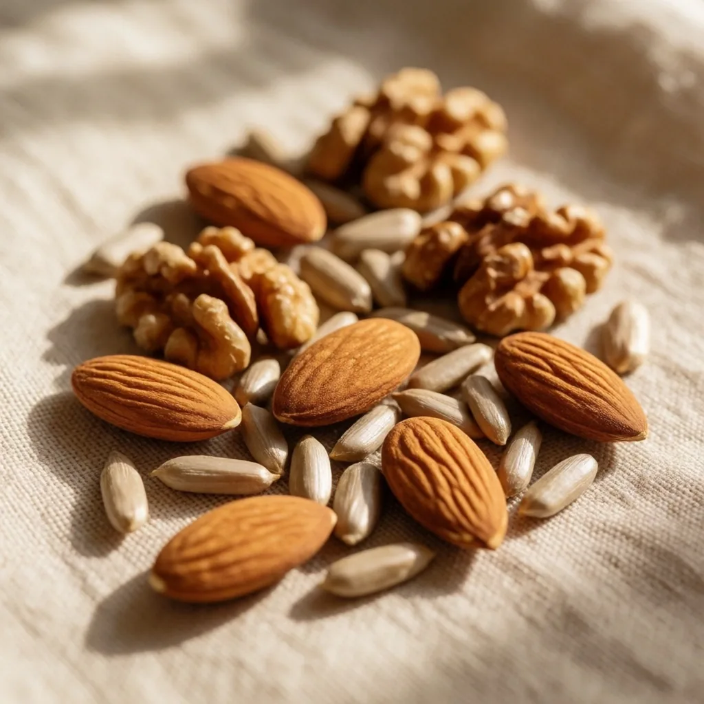 Almendras, nueces y semillas de girasol sobre tela de lino