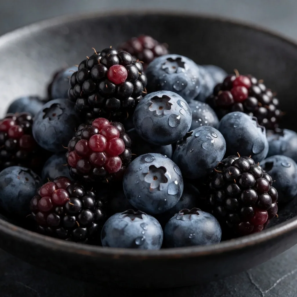 Moras, arándanos y fresas frescas en cuenco cerámico