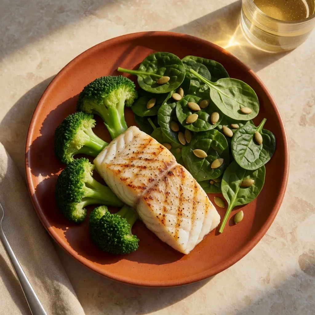 Plato saludable con pescado, brócoli, espinacas y semillas