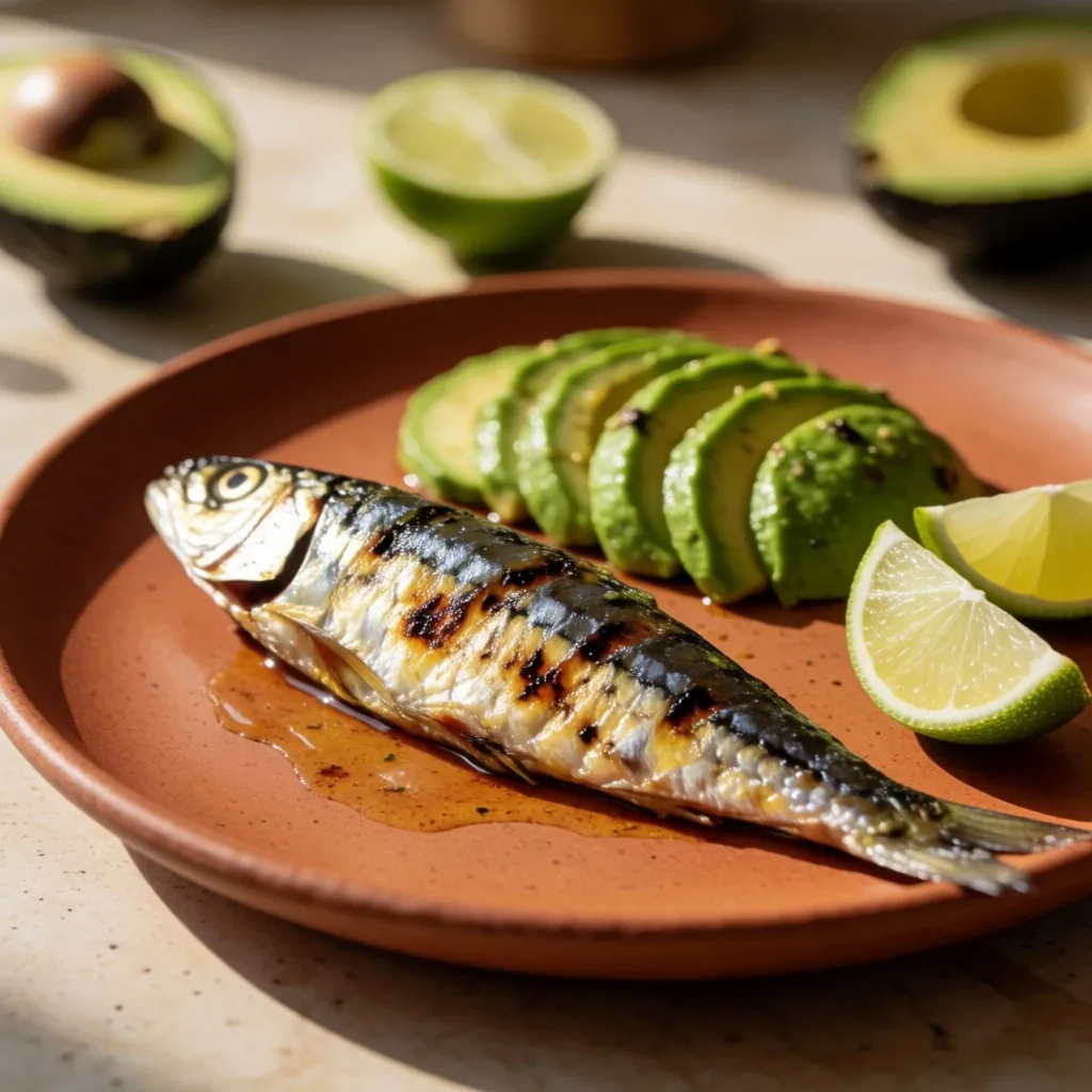 Sardina fresca con aguacate y limón sobre plato cerámico