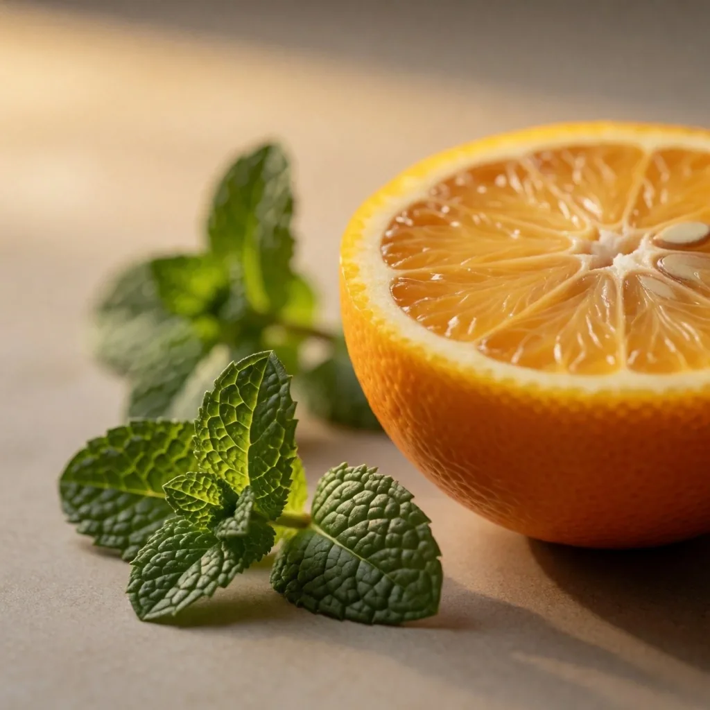 Detalle macro de una naranja recién cortada sobre superficie de piedra caliza