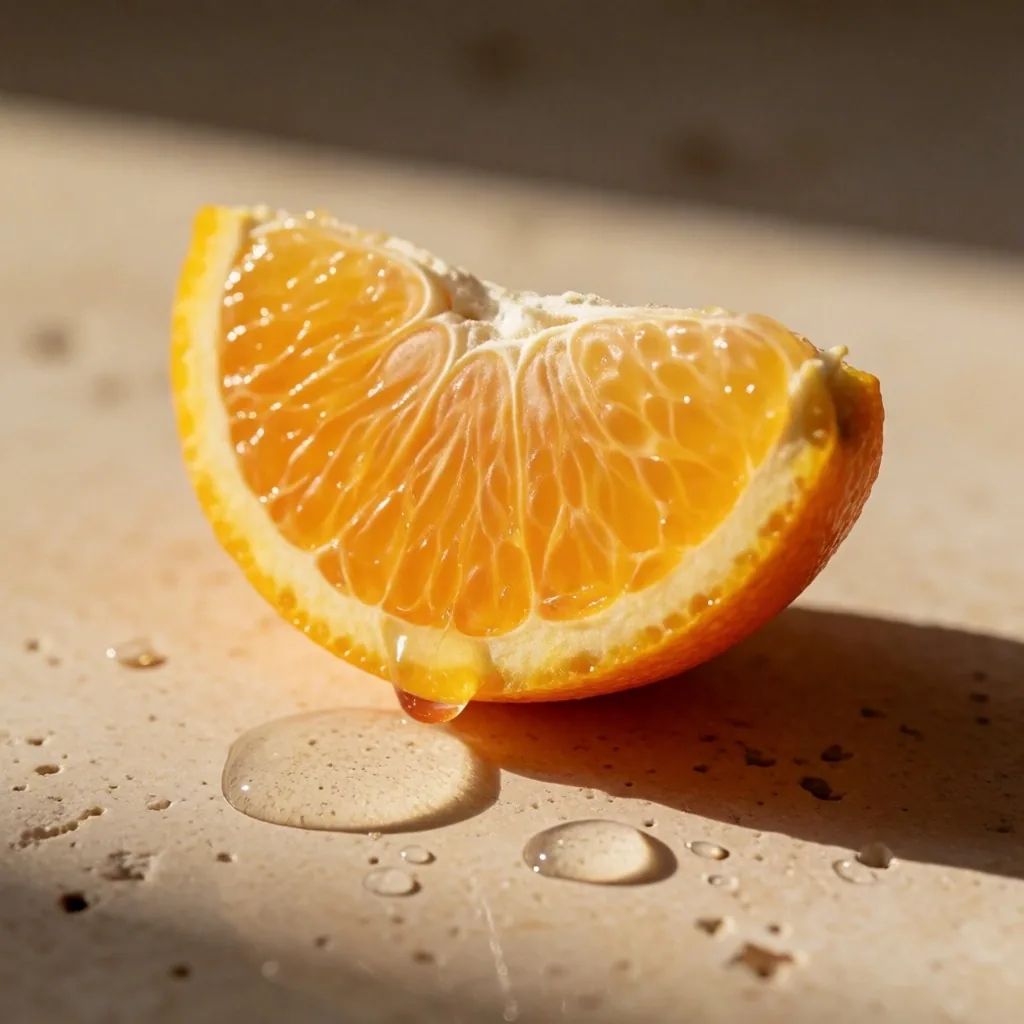 Sección de naranja fresca sobre piedra caliza bajo luz solar cálida