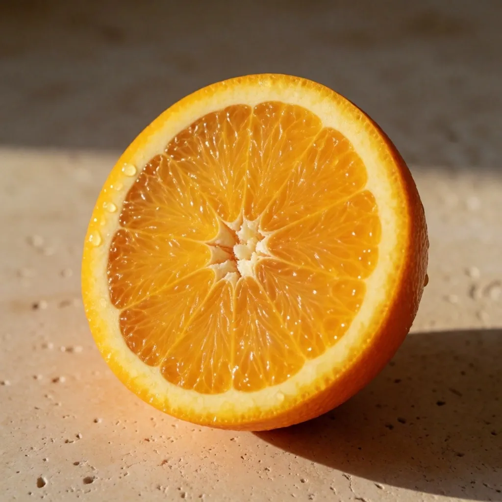 Gajo de naranja abierto bajo luz solar cálida, símbolo de nutrientes para la visión