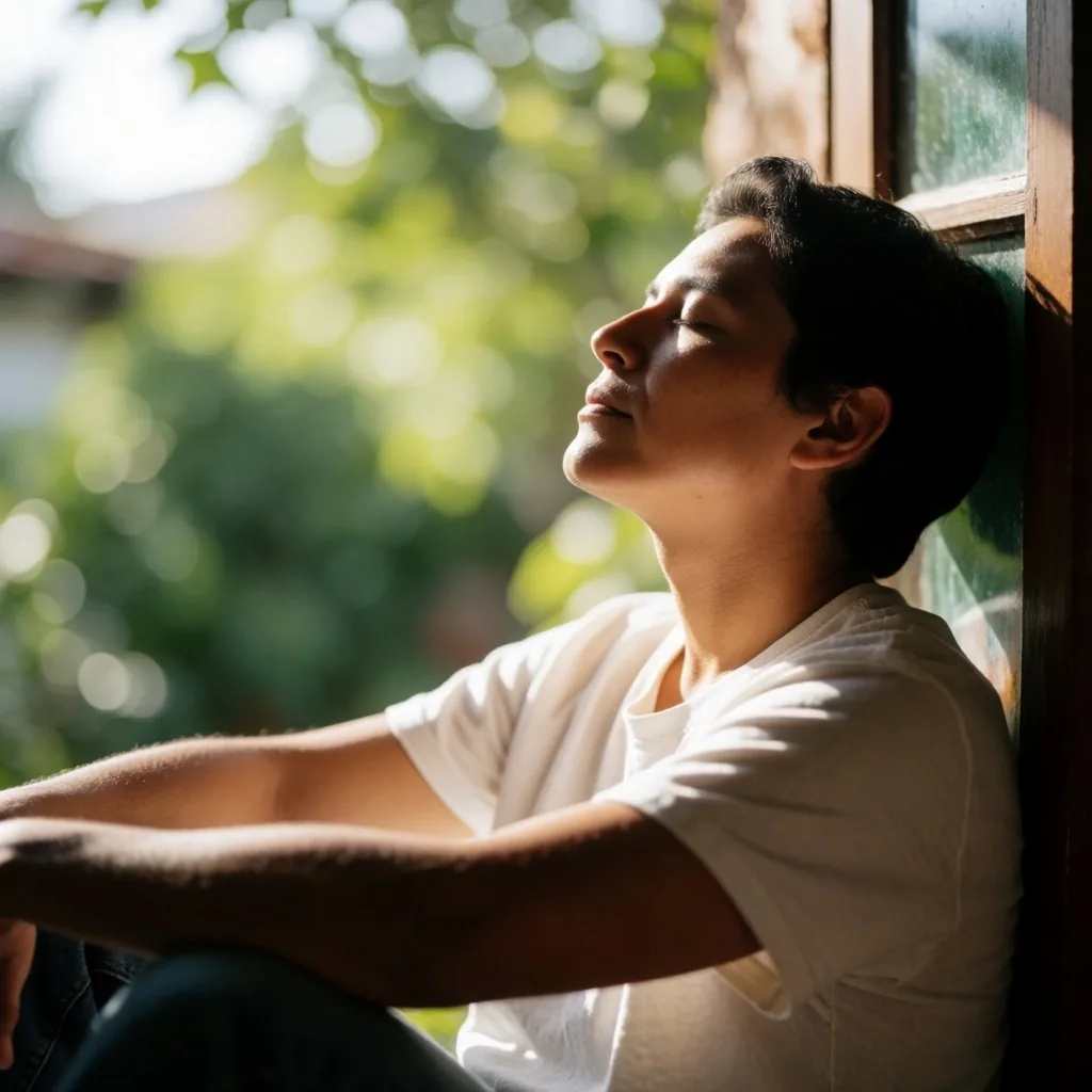 Persona descansando la vista junto a una ventana con luz natural
