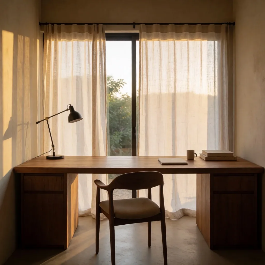 Espacio de trabajo iluminado con luz natural de tarde