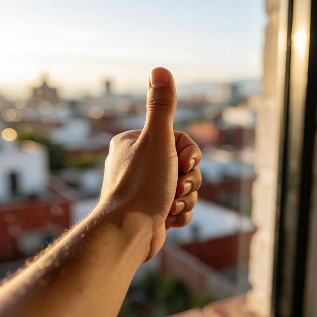 Mano extendida con pulgar en alto frente a una ventana con vista lejana