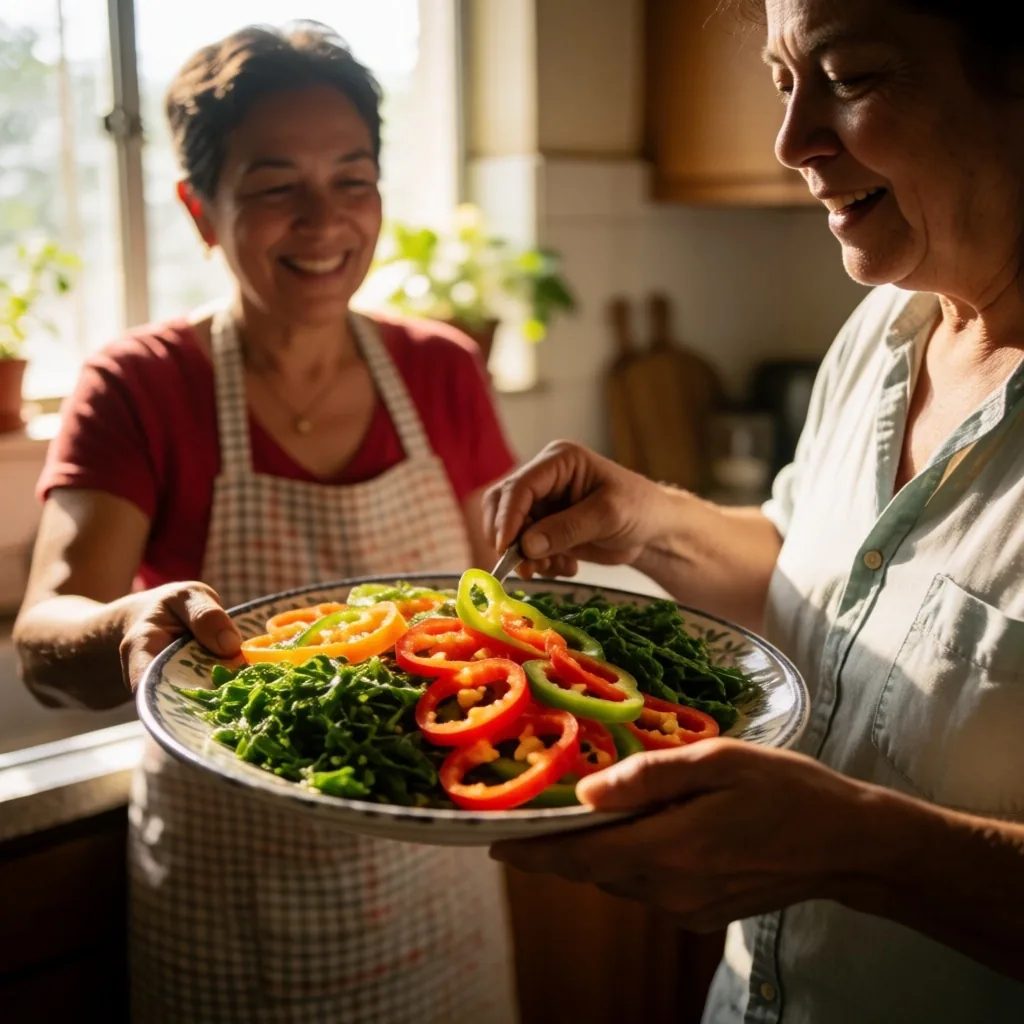 Dos personas compartiendo una comida colorida en una mesa de cocina con luz natural