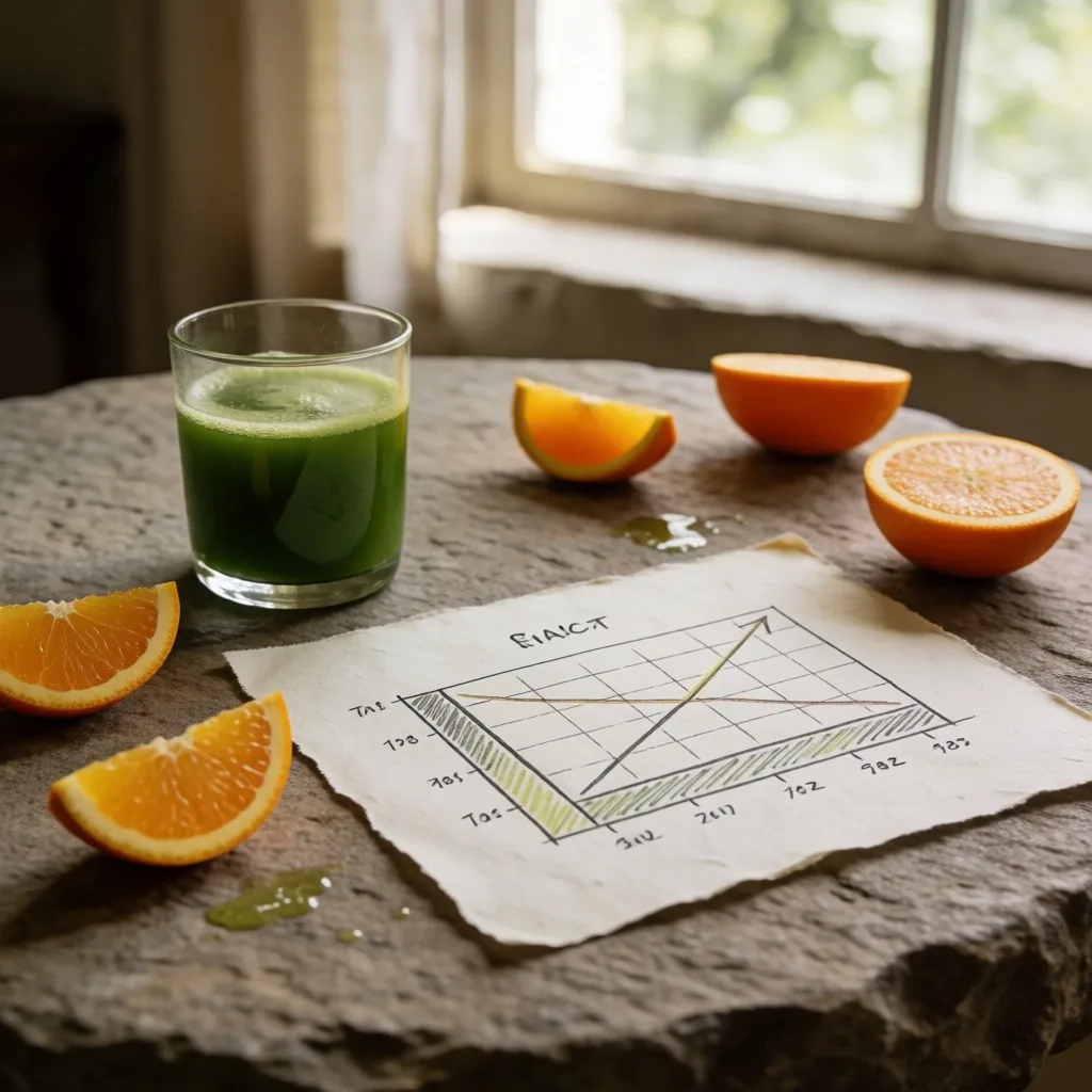 Escritorio soleado con notas sobre alimentación saludable y hojas de espinaca fresca