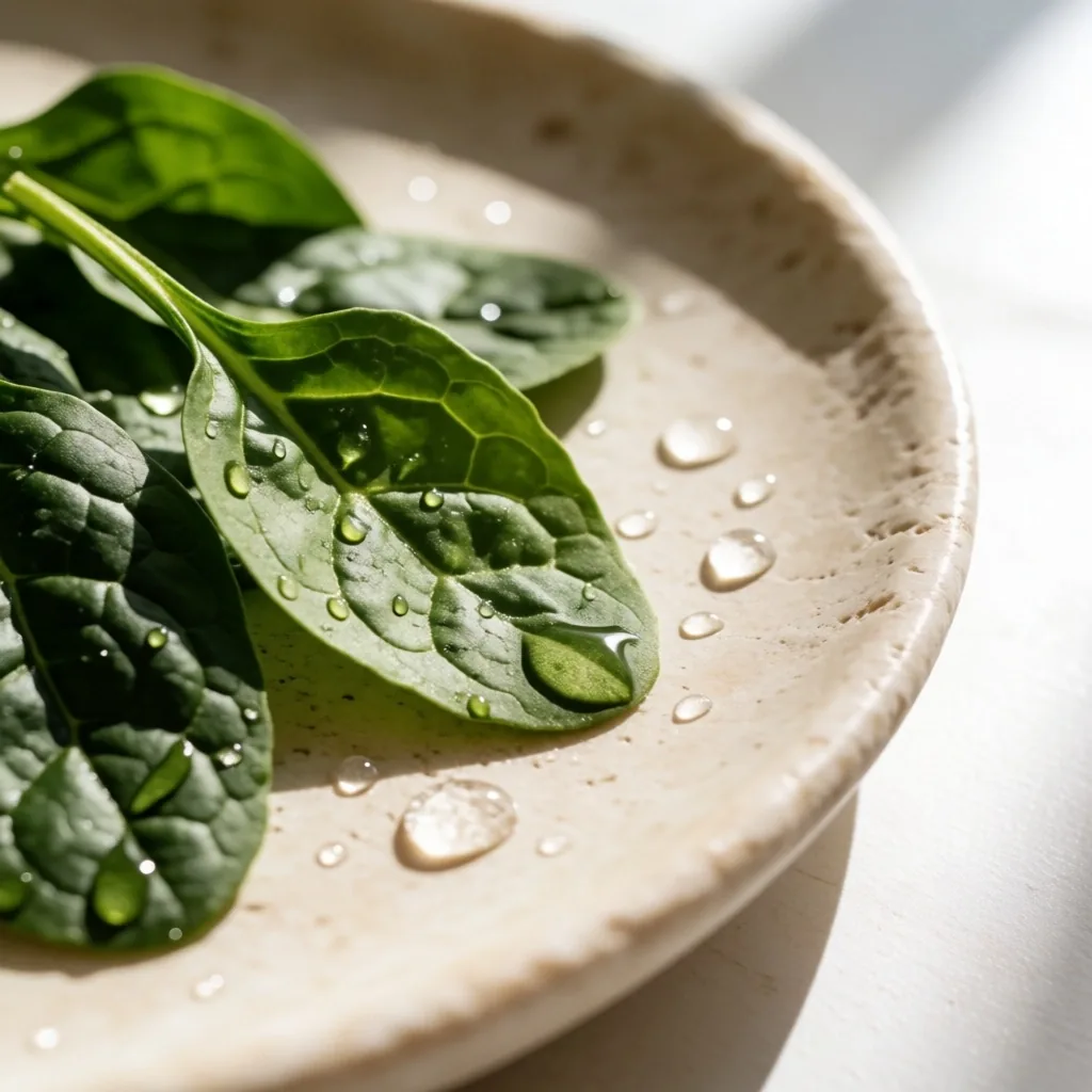 Hojas de espinaca fresca con gotas de agua sobre plato de piedra caliza
