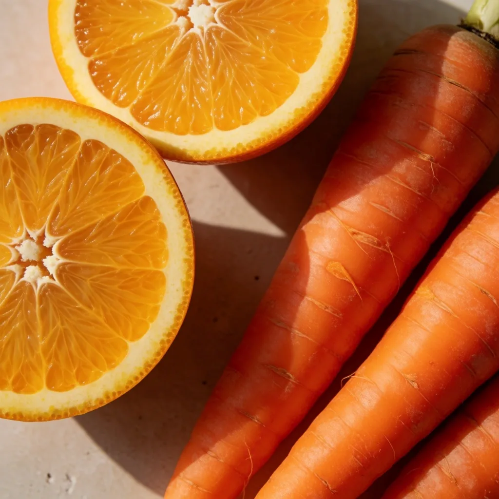 Naranja rebanada sobre superficie de piedra caliza con luz natural cálida