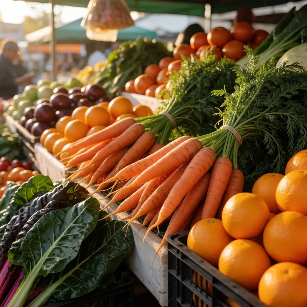 Puesto de mercado mexicano con zanahorias, naranjas y verduras frescas bajo luz de tarde