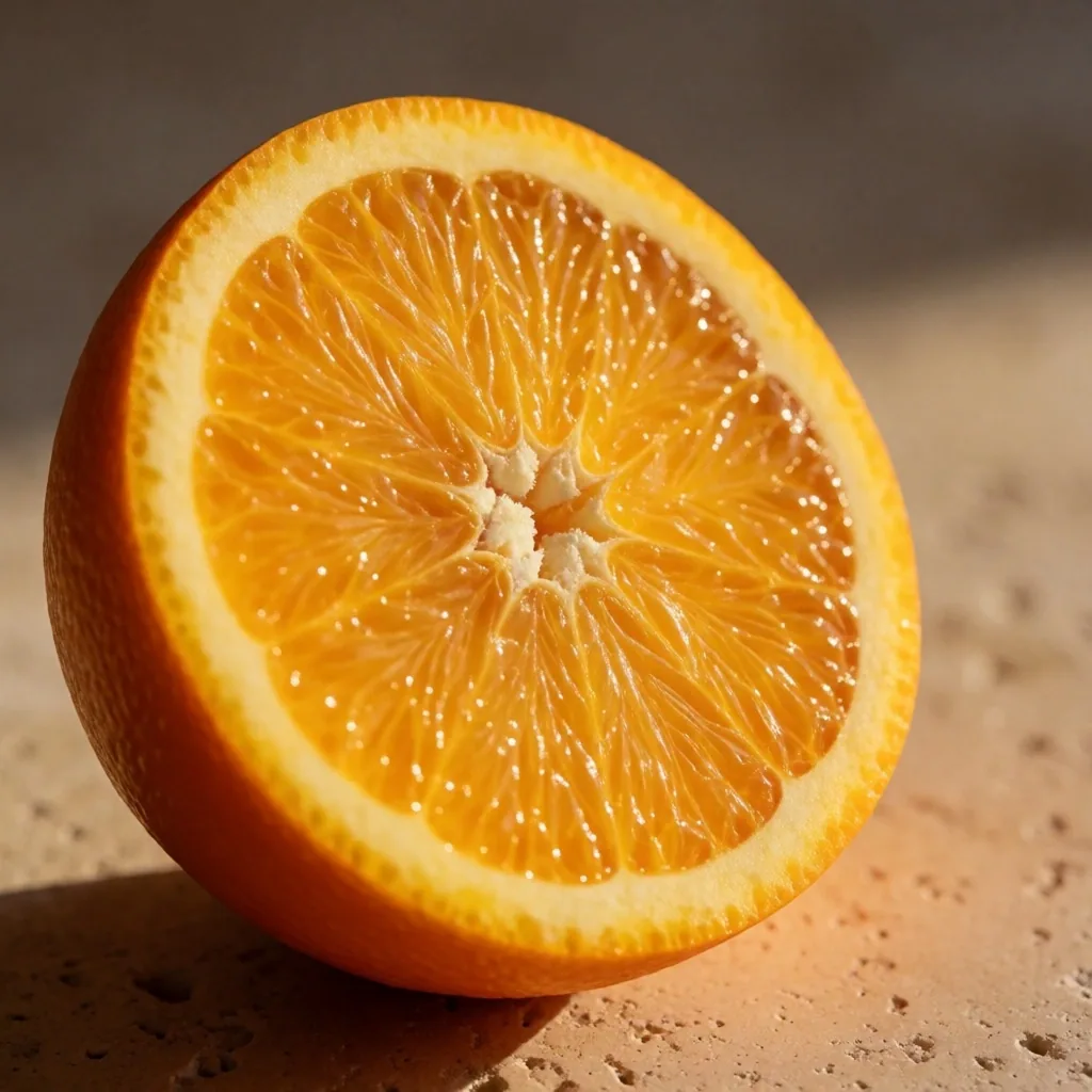 Naranja rebanada sobre piedra caliza, iluminación natural de tarde